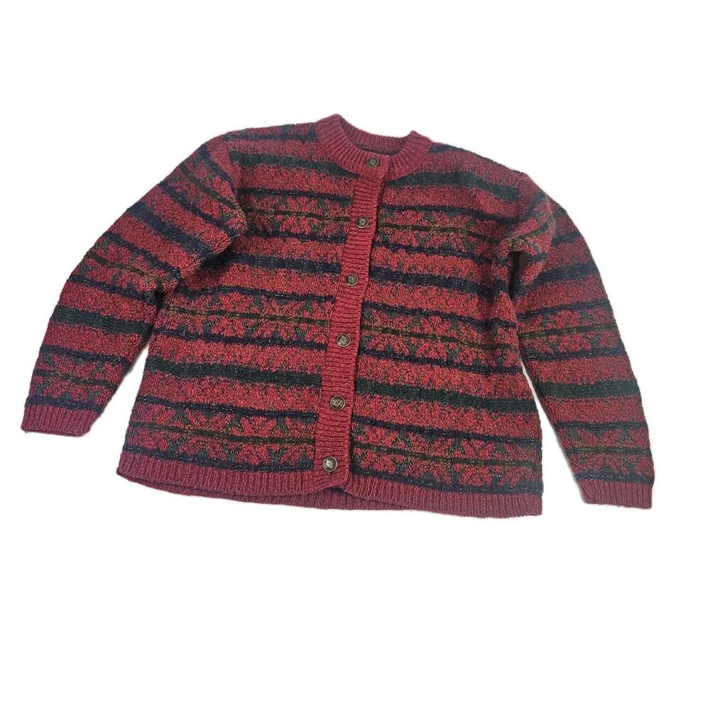 VINTAGE ALPS Wool Blend Fair Isle Chunky Knit Cardigan Ski Sweater Large Holiday